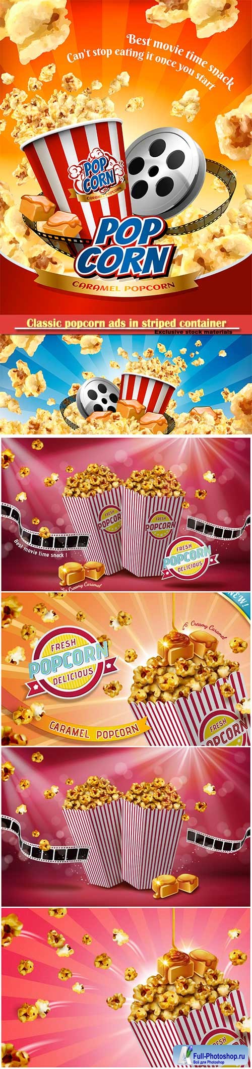 Classic popcorn ads in striped paper container, 3d vector illustration