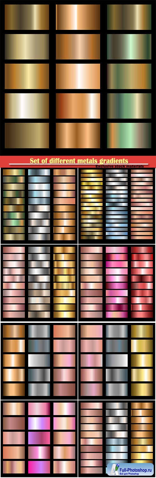 Set of different metals gradients, gold, bronze, silver and copper vector backgrounds