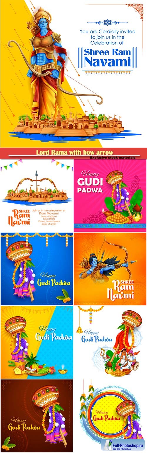 Lord Rama with bow arrow in Shree Ram Navami celebration, Gudi Padwa Lunar New Year background for religious holiday of India