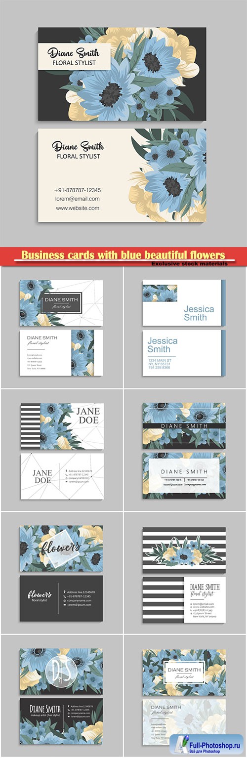 Business cards with blue beautiful flowers