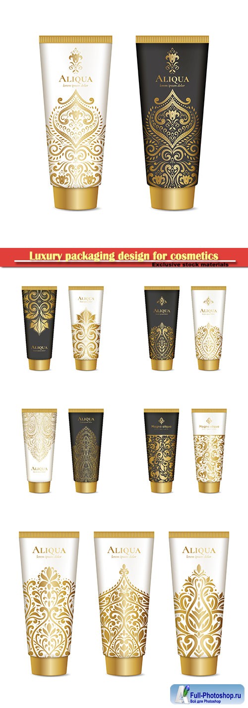 Luxury golden packaging design for cosmetics, gold vector ornament 