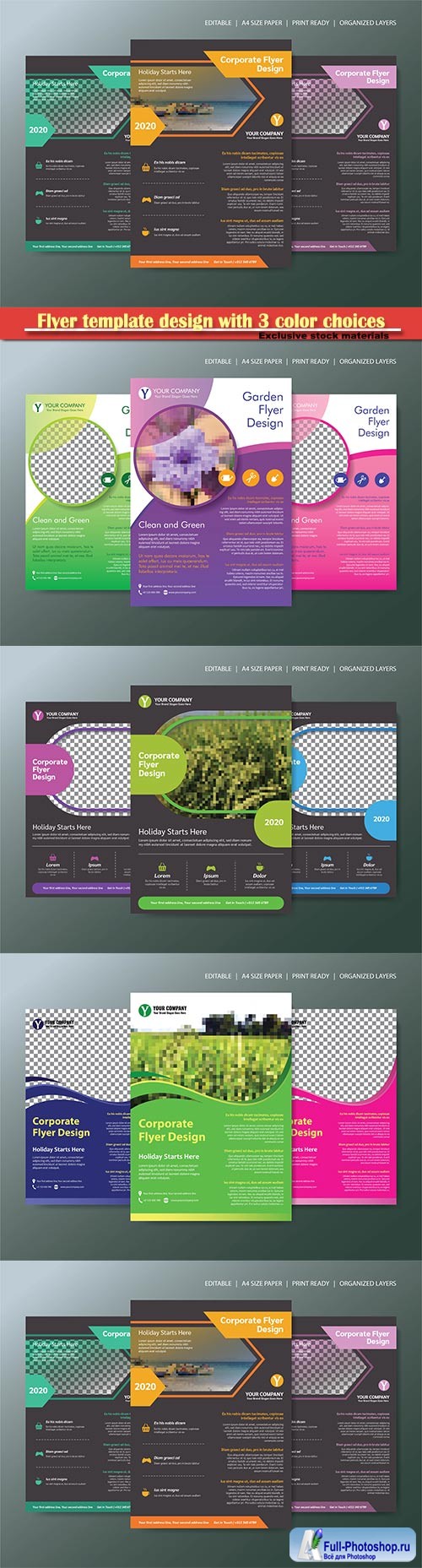 Flyer template design with 3 color choices, organized layer