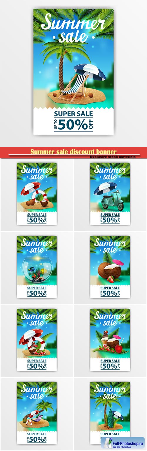 Summer sale discount banner with beautiful lettering, seascape