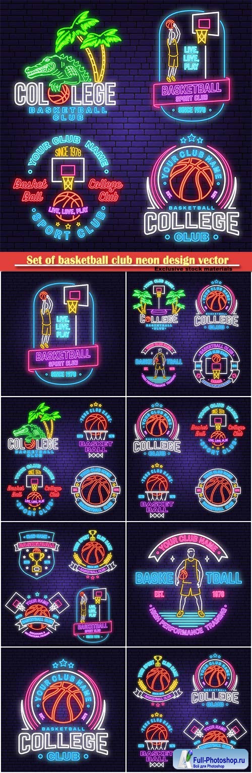 Set of basketball club neon design vector emblem