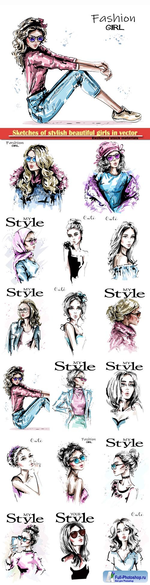 Sketches of stylish beautiful girls in vector