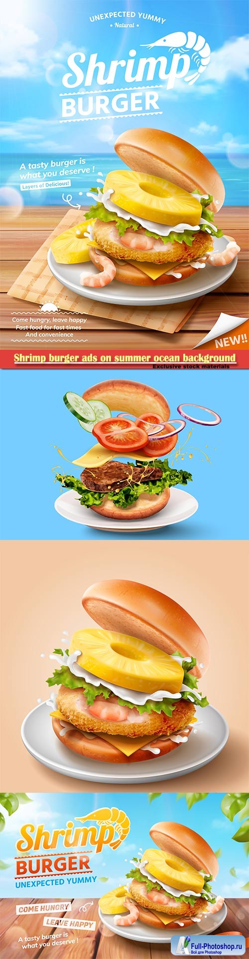 Shrimp burger ads on summer ocean background in 3d illustration