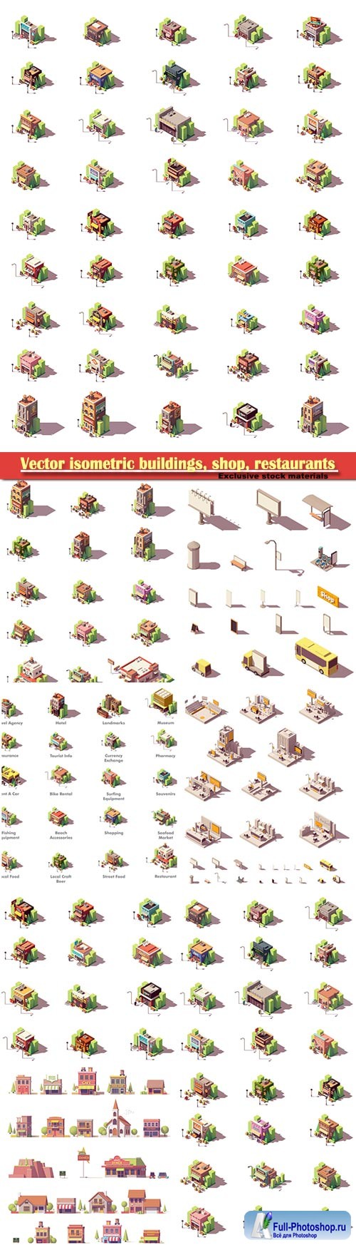 Vector isometric buildings, shop, restaurants, travel and tourism icons set