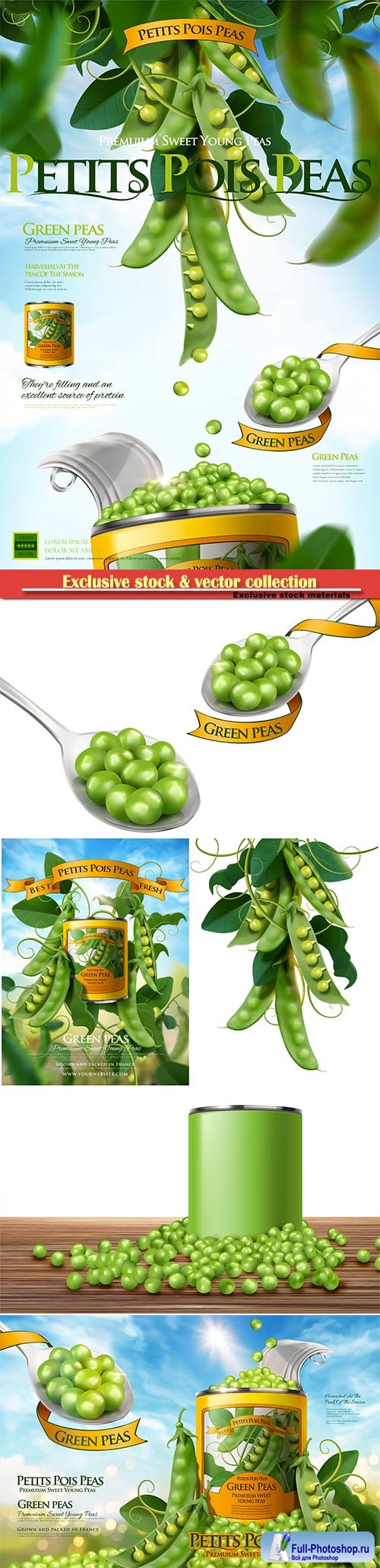 Canned young peas ads poster with fresh plant in 3d vector illustration