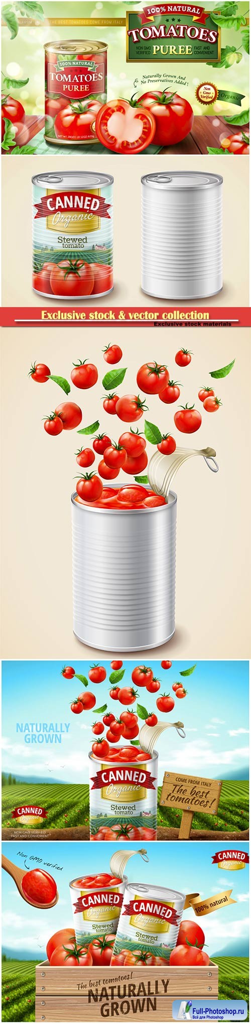 Canned tomato puree ads with fresh vegetables in 3d illustration