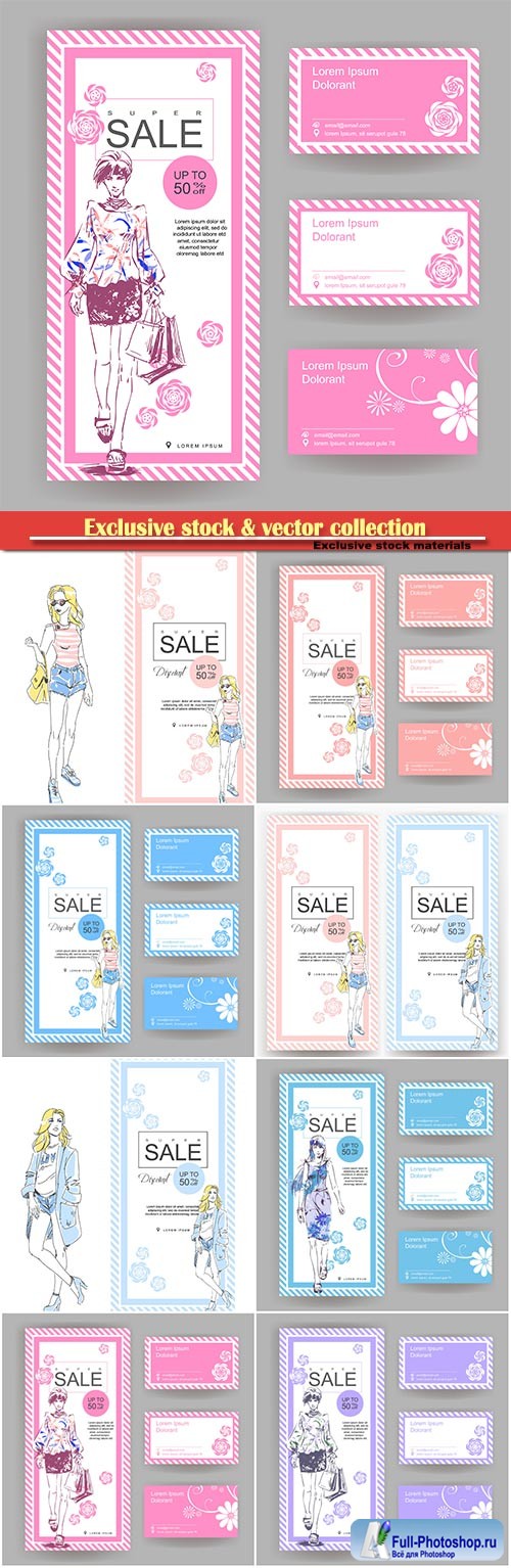 Layout for a big sale in fashion shop with business card, drawn fashion elegant girl in stylish clothes