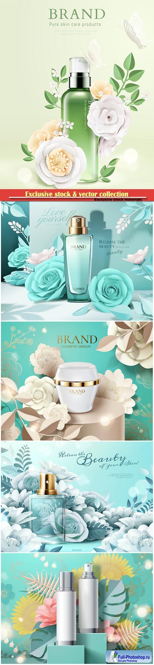 Cosmetic set ads with paper flowers in 3d illustration # 3