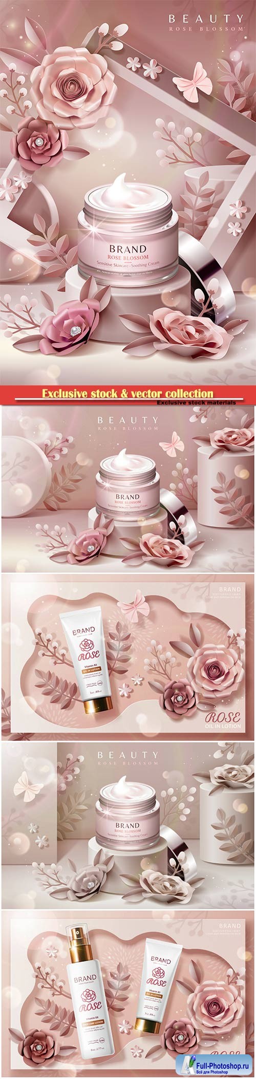 Cream jar ads on podium with paper flowers and frame background in 3d illustration