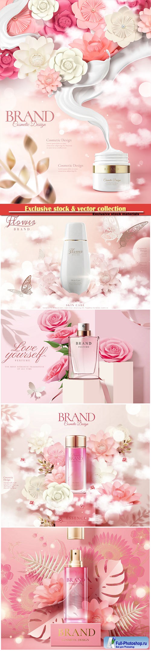 Skincare bottle ads with white and pink paper flowers in 3d illustration