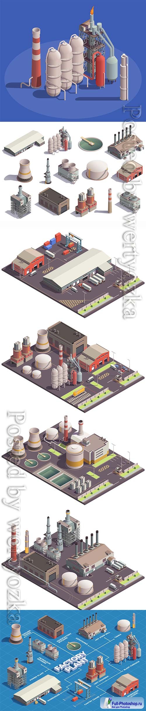 Industrial buildings isometric icons vector set