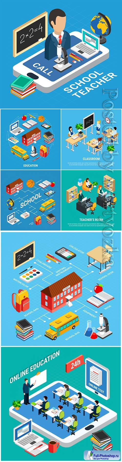 Isometric education illustration with school teacher and devices