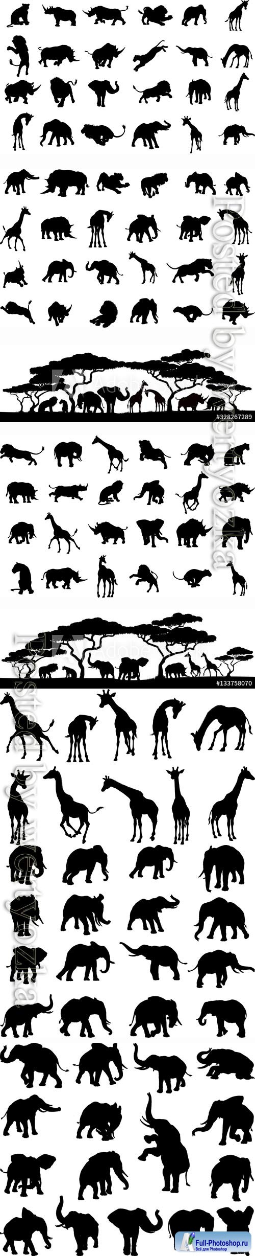 Silhouettes of animals in vector, elephant, giraffe, lion, rhino, leopard