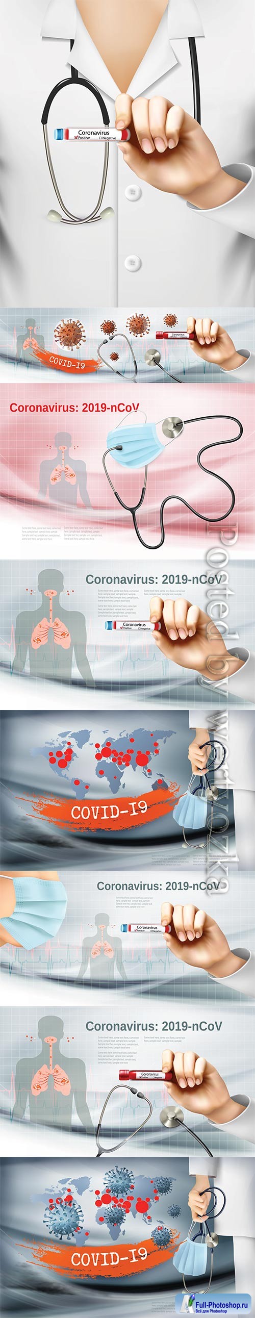 Coranavirus background with doctor holding tube with pasitiv test and stethoscope