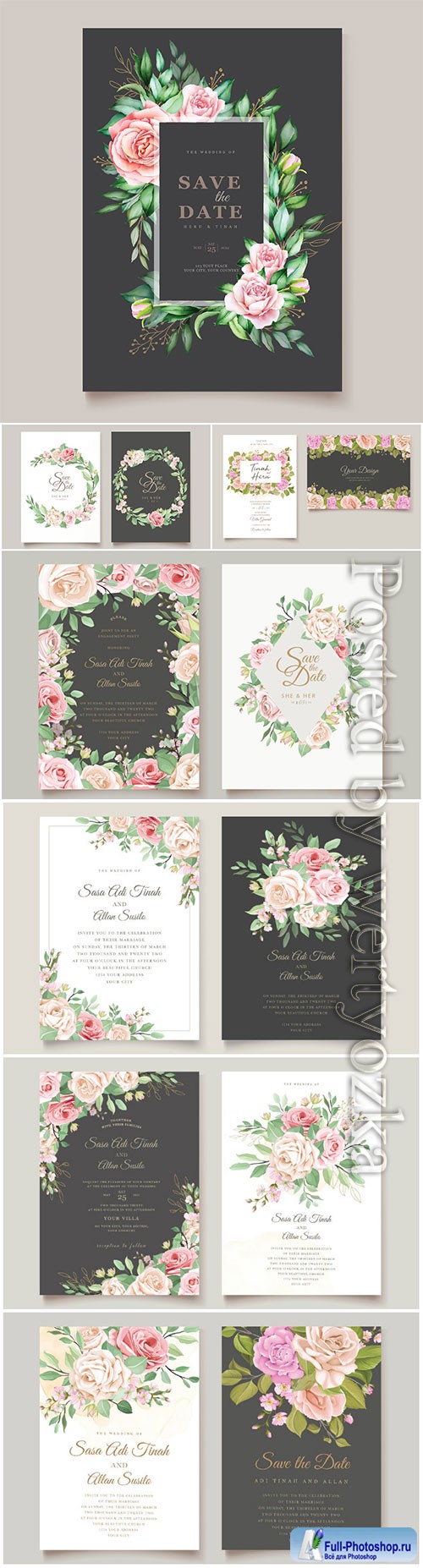 Wedding invitation vector card with floral and leaves