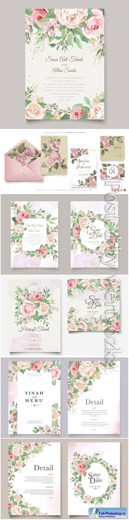 Wedding invitation cards with beautiful roses in vector