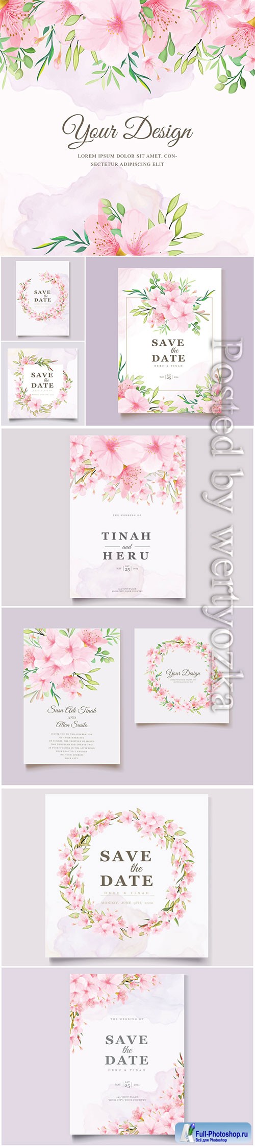 Wedding invitation cards with pink flowers in vector
