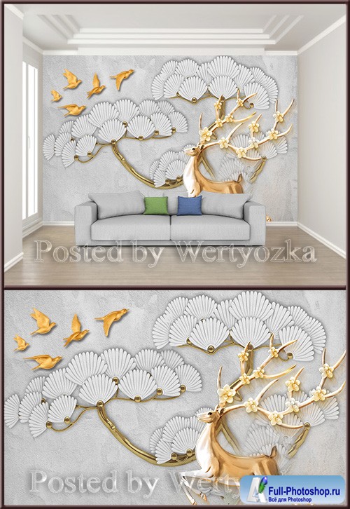 3D psd background wall beautiful embossed flowers flying bird