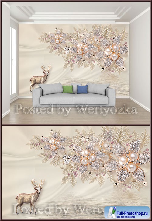 3D psd background wall pearl diamond jewels flowers elk
