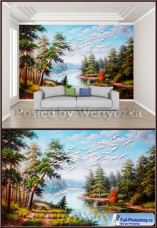3D psd background wall beautiful hand painted oil painting landscape