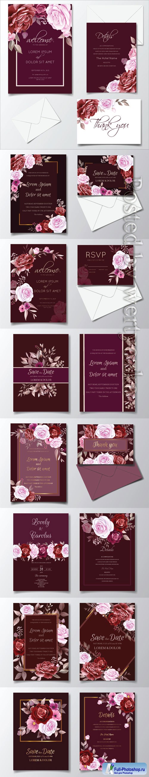 Romantic maroon wedding invitation card template set with rose, cosmos flowers, and leaves
