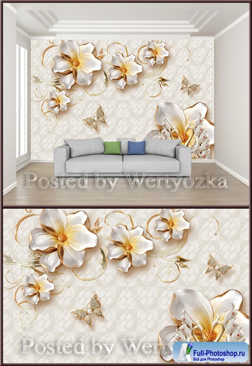 3D psd background wall golden jewels flowers