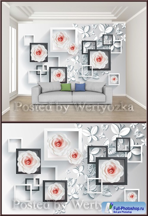 3D psd background wall stylish and simple stereo butterfly rose