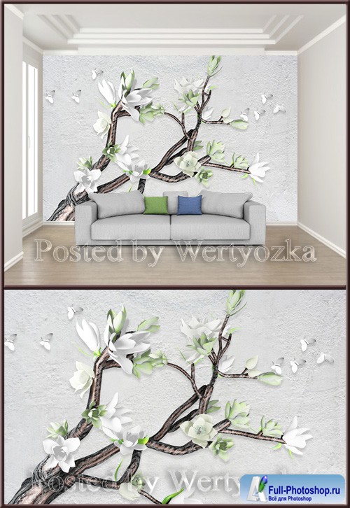 3D psd background wall magnolia butterfly