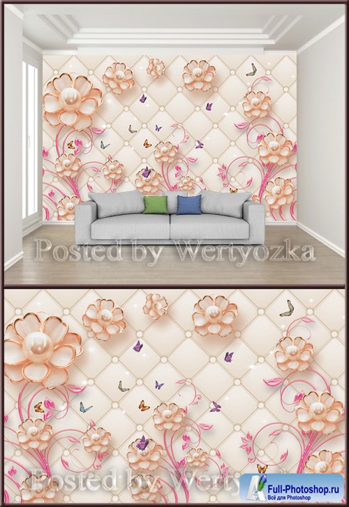 3D psd background wall jewelry flower pearl butterfly