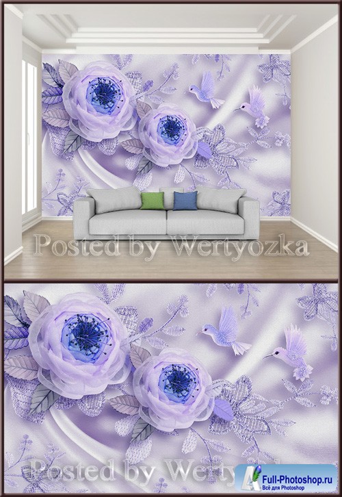 3D psd background wall wedding room silk flowers bird