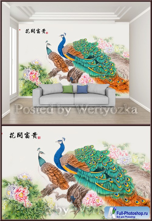 3D psd background wall chinese style ink hand painted meticulous flower