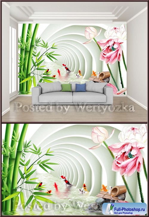 3D psd background wall three dimensional bamboo lotus carp