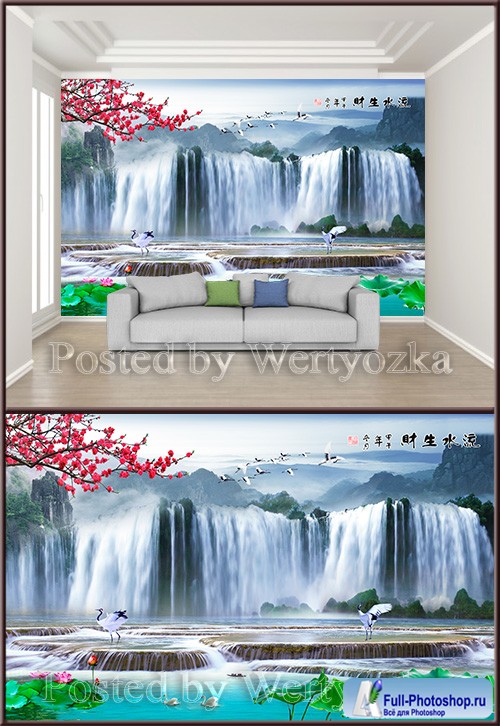 3D psd background wall chinese painting flowing water