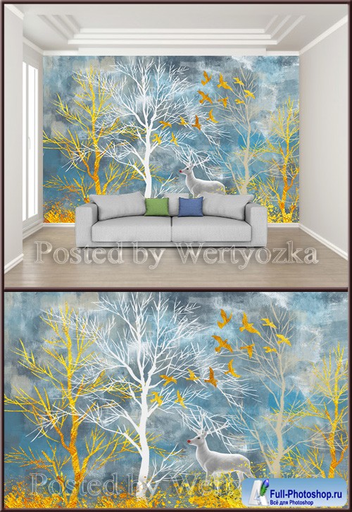 3D psd background wall golden forest elk landscape