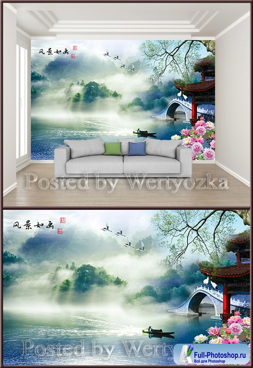 3D psd background wall chinese painting beautiful landscape