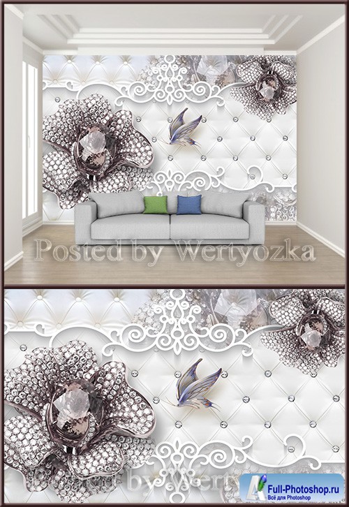 3D psd background wall purple gemstone flower butterfly jewelry