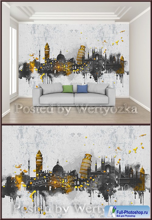 3D psd background wall watercolor european city architecture