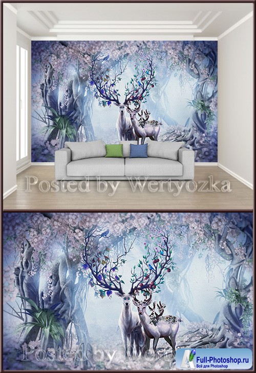 3D psd background wall nordic forest elk