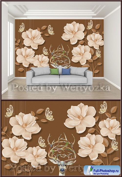 3D psd background wall beautiful flower butterfly deer