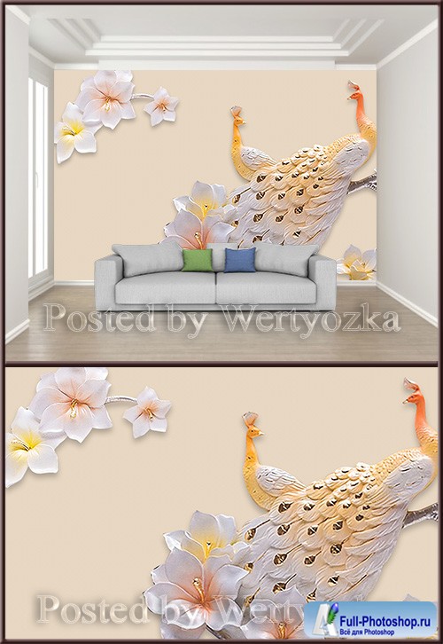 3D psd background wall peacock magnolia