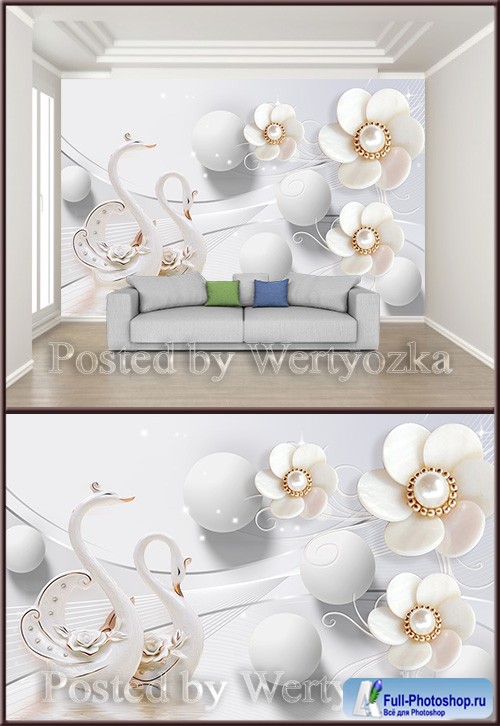 3D psd background wall swan romantic pearl jewelry