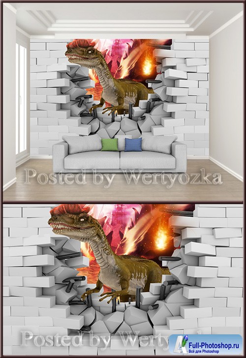 3D psd background wall broken wall dinosaur