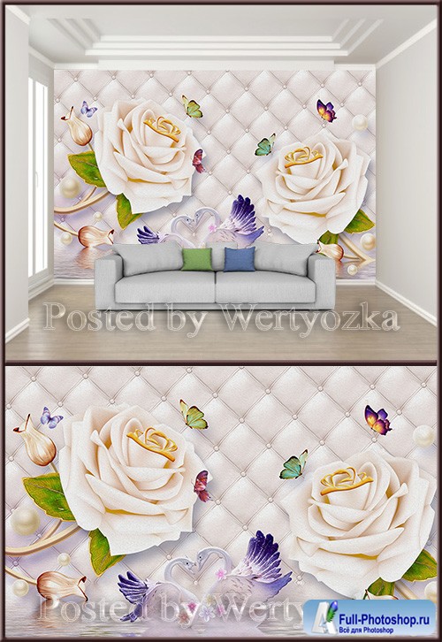 3D psd background wall roses swans butterflies