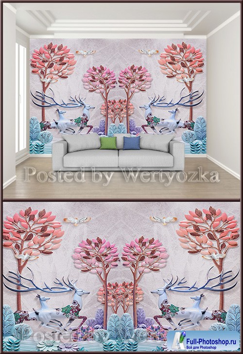 3D psd background wall creative deer trees