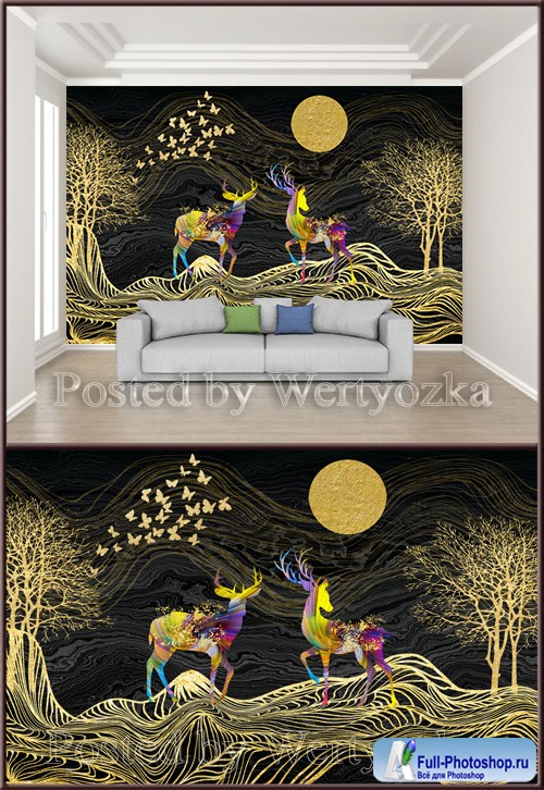 3D psd background wall deer and gold decor