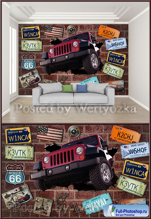 3D psd background wall car brick wall