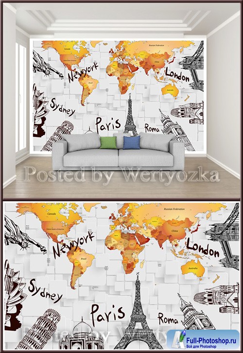 3D psd background wall countries of the world